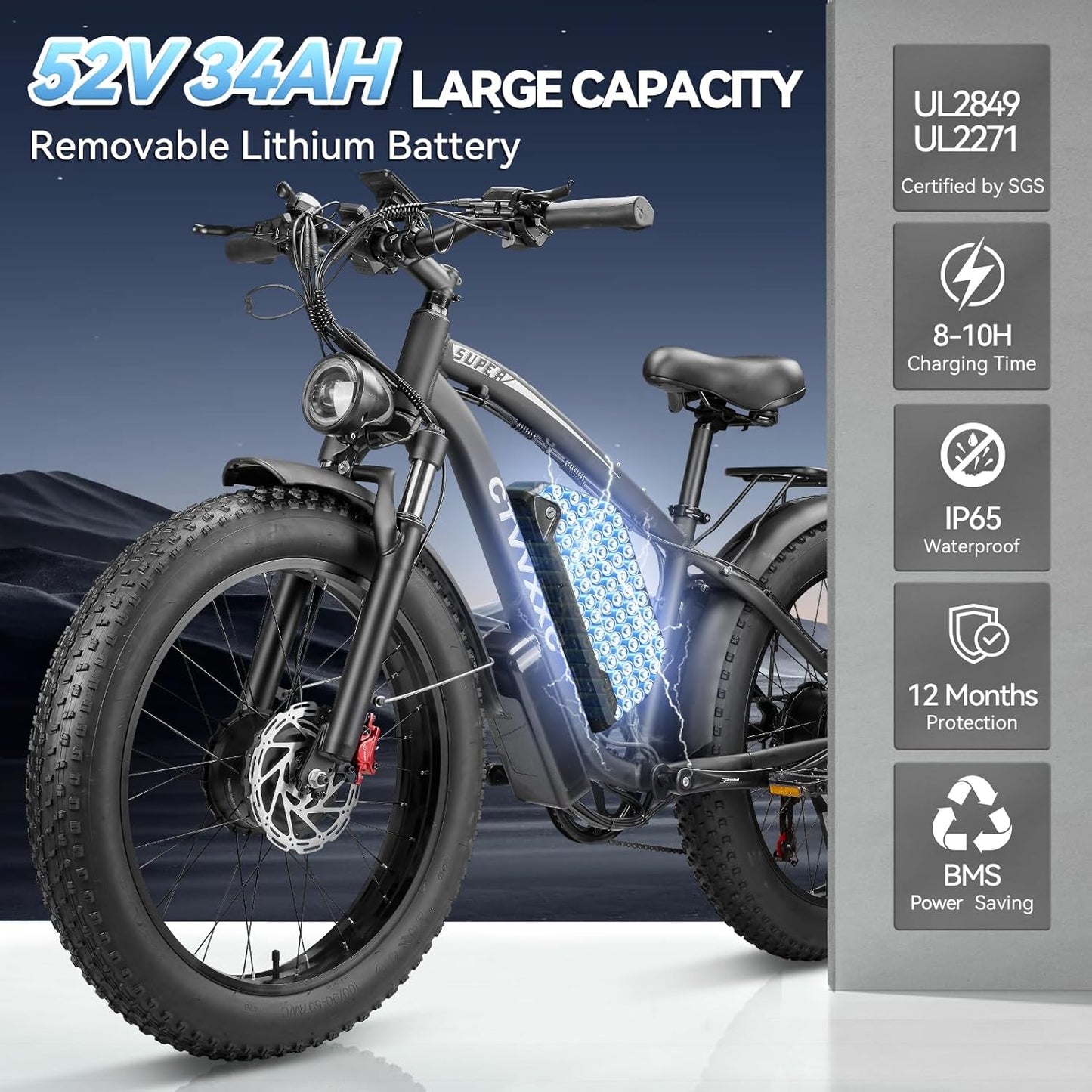 CTVVXXC 52V 34Ah Electric Bike Battery