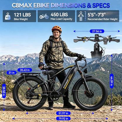 CTVVXXC C8 Max Dual Motor Full Suspension Ebike – 52MPH Max, 60V 45Ah, Up to 180 Miles